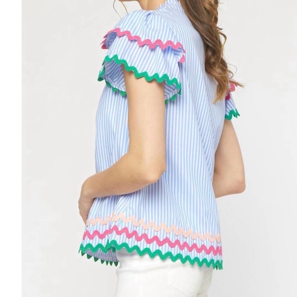 Entro NWT Light Blue and White Striped Blouse with Pink and Green Ric Rac - Picture 2 of 8